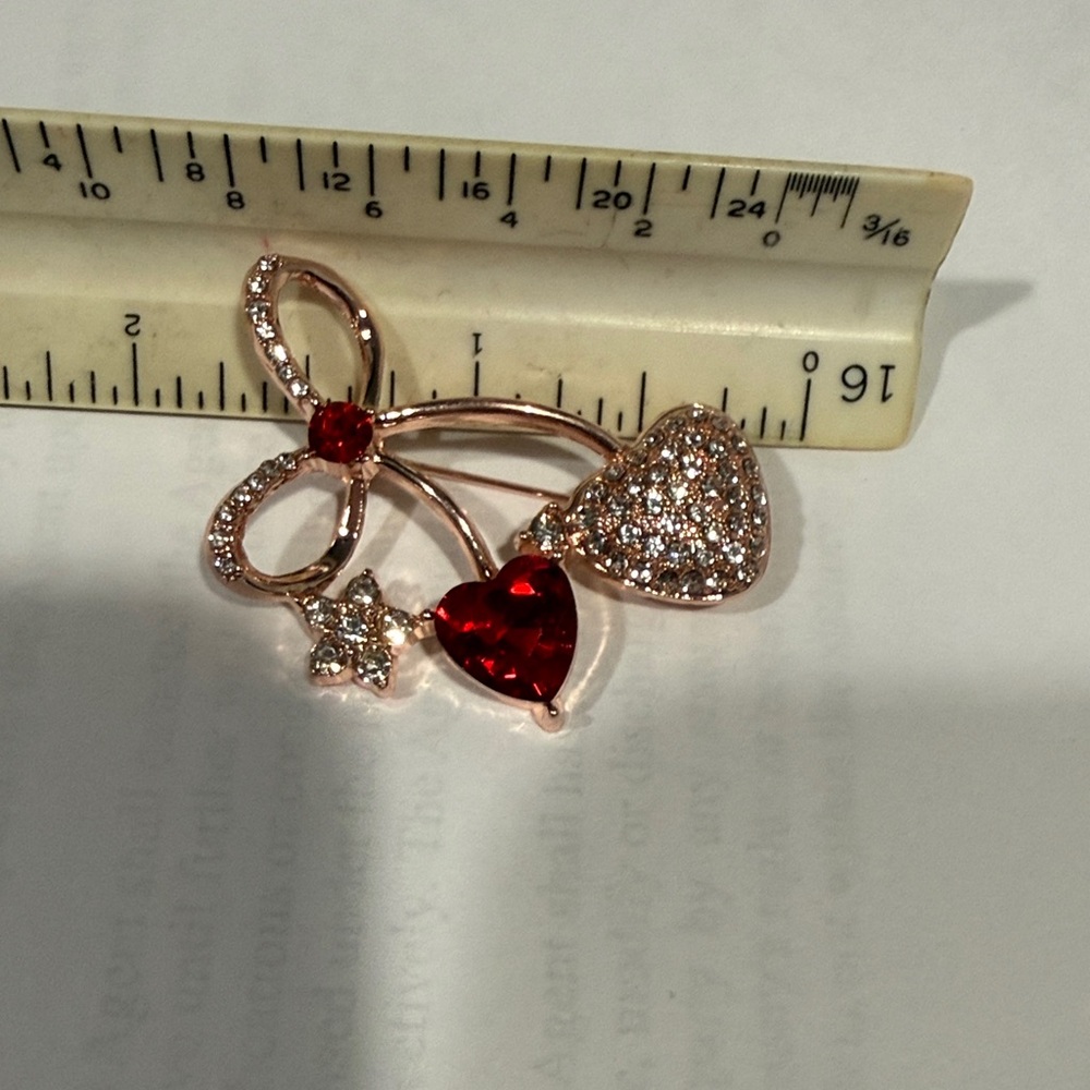 Elegant Red Heart and Bow Brooch